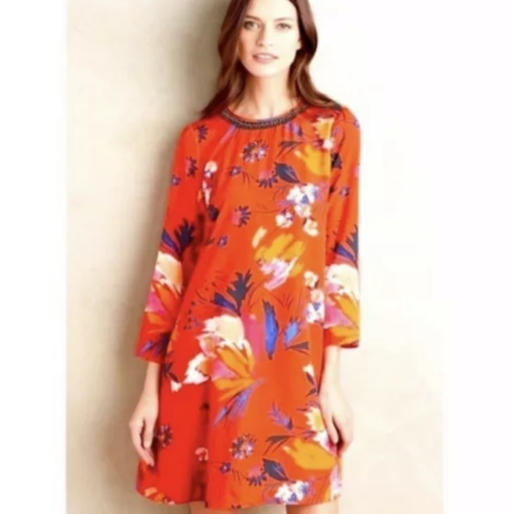 Anthropologie Maeve Sketched Peonies Beaded Neckline Dress Small XS‎ (335)